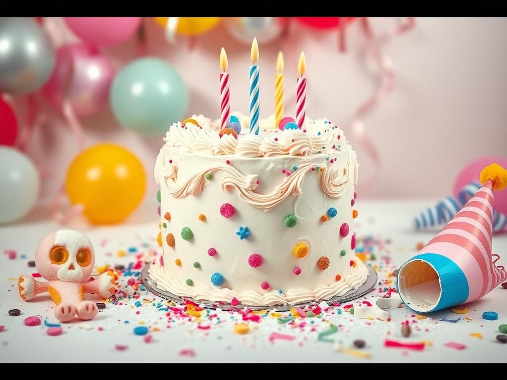 Flick International Beautifully decorated birthday cake surrounded by chaos from a child