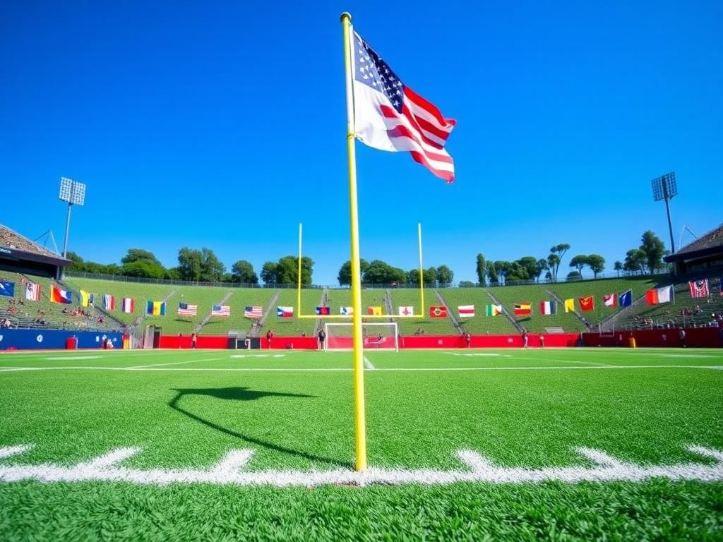 Flick International A dynamic flag football game scene showcasing vibrant green turf and a raised flag symbolizing competition.