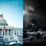 Flick International A split image contrasting a modern government building with an American flag and a chaotic office environment.