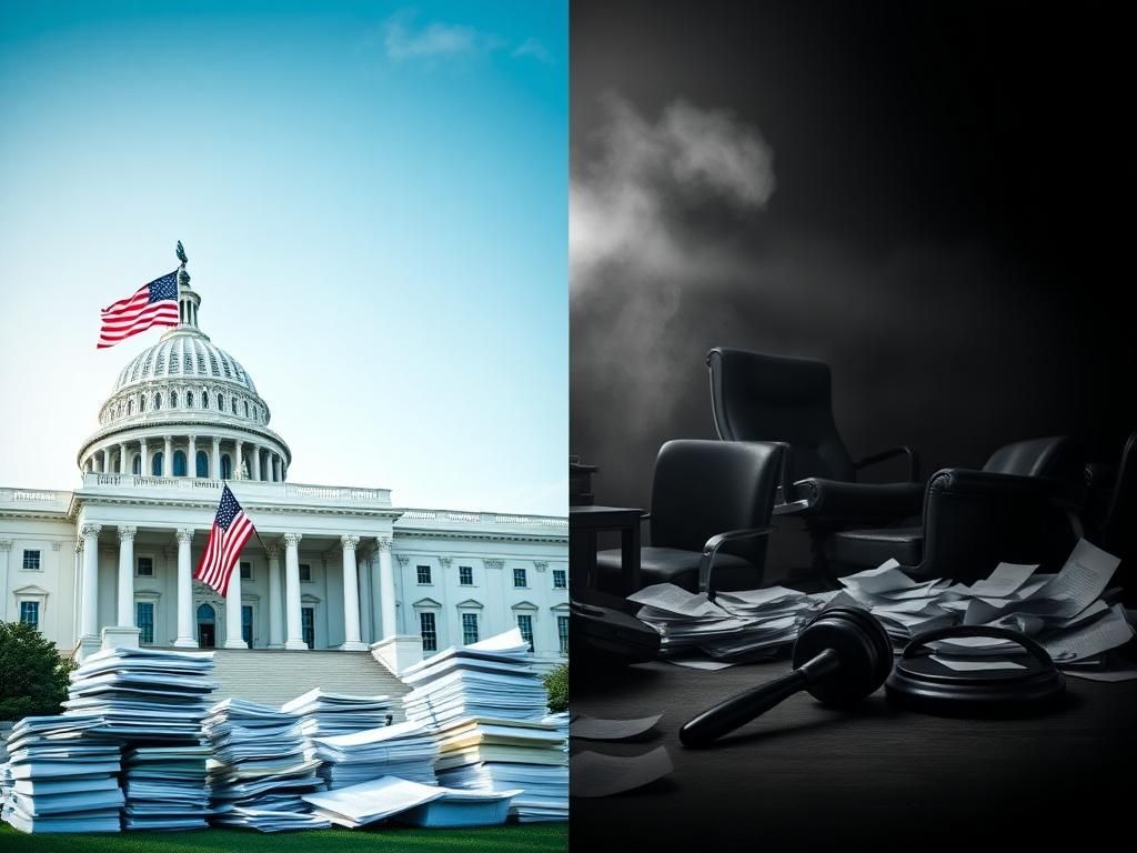 Flick International A split image contrasting a modern government building with an American flag and a chaotic office environment.