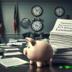 Flick International A disorganized government office featuring scattered documents and a large piggy bank overshadowed by unopened legal papers.