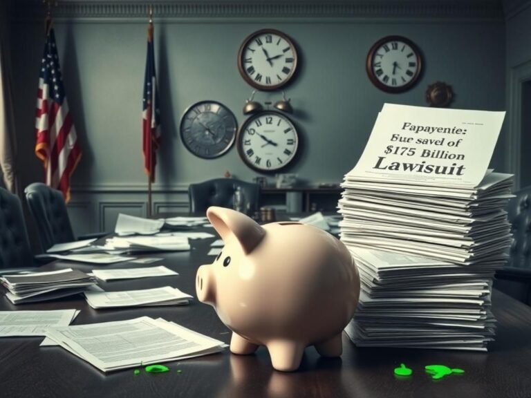 Flick International A disorganized government office featuring scattered documents and a large piggy bank overshadowed by unopened legal papers.