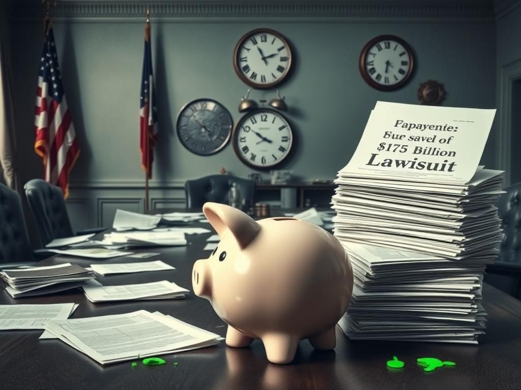 Flick International A disorganized government office featuring scattered documents and a large piggy bank overshadowed by unopened legal papers.