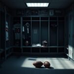 Flick International Dimly lit football locker room with empty lockers and organized jerseys