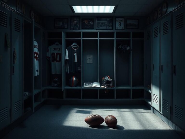 Flick International Dimly lit football locker room with empty lockers and organized jerseys
