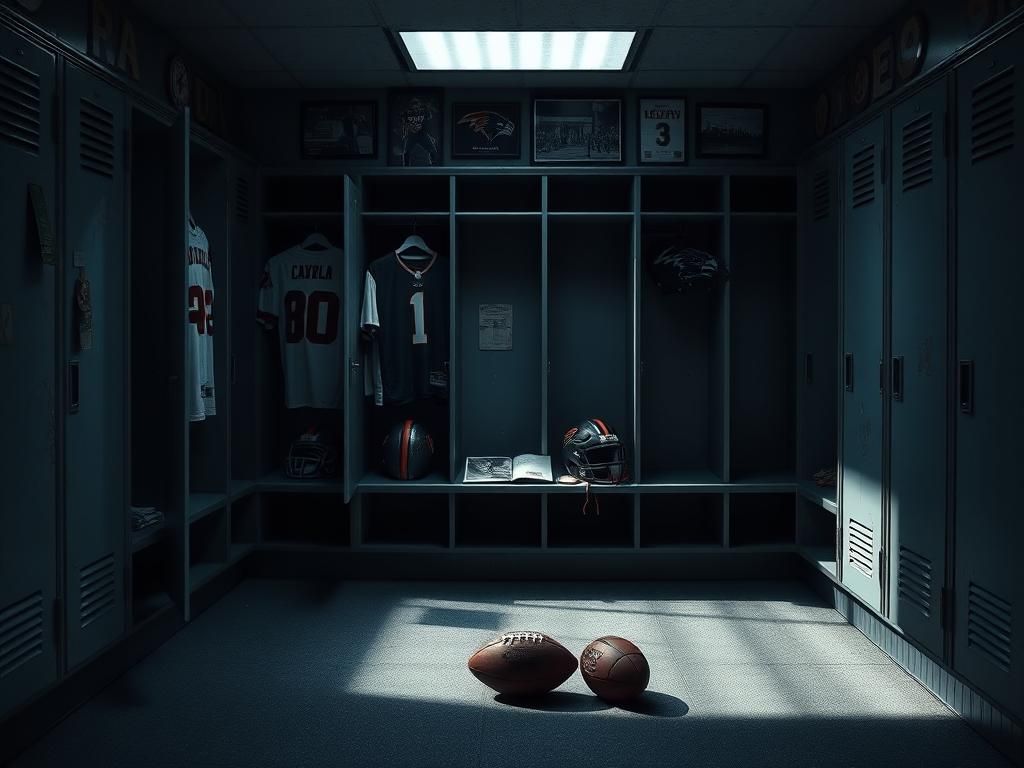 Flick International Dimly lit football locker room with empty lockers and organized jerseys