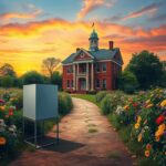 Flick International A political landscape featuring an old brick house symbolizing tradition, surrounded by a vibrant garden representing new ideas and youthful perspectives.