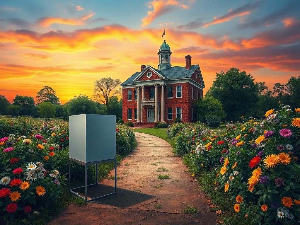 Flick International A political landscape featuring an old brick house symbolizing tradition, surrounded by a vibrant garden representing new ideas and youthful perspectives.