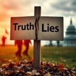 Flick International Close-up of a cracked political signpost contrasting 'Truth' and 'Lies' against a blurred political landscape