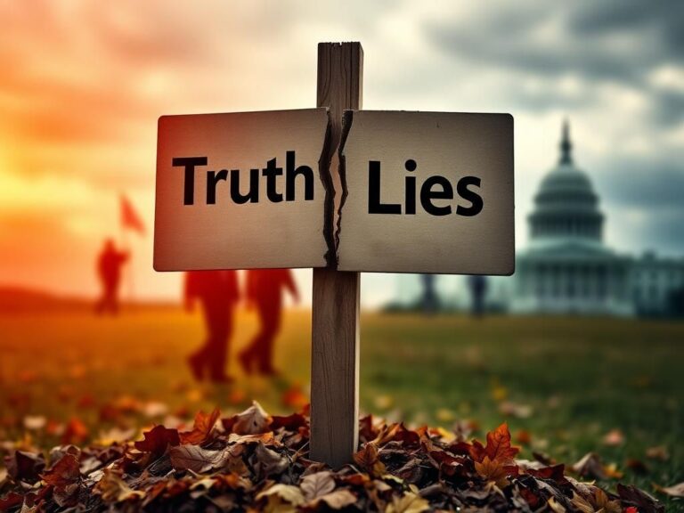 Flick International Close-up of a cracked political signpost contrasting 'Truth' and 'Lies' against a blurred political landscape
