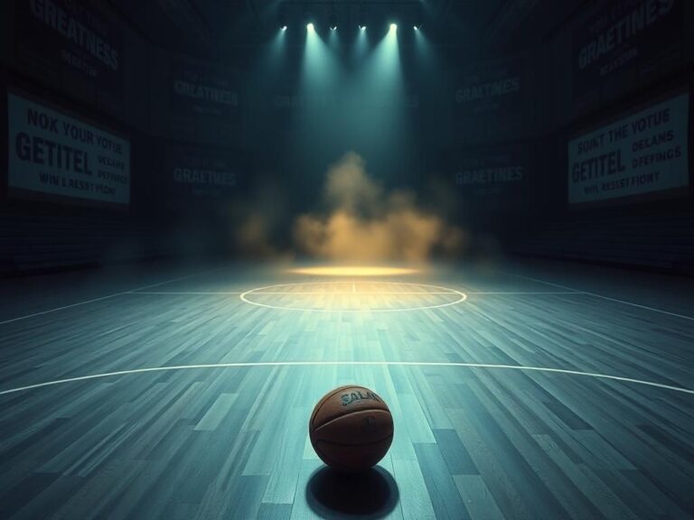 Flick International Empty basketball court with a single worn basketball in a dimly lit atmosphere