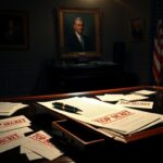 Flick International Dimly lit Oval Office with a vintage autopen on an ornate desk surrounded by documents and a portrait of a president.