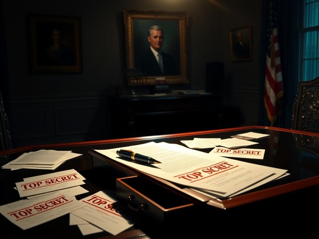 Flick International Dimly lit Oval Office with a vintage autopen on an ornate desk surrounded by documents and a portrait of a president.