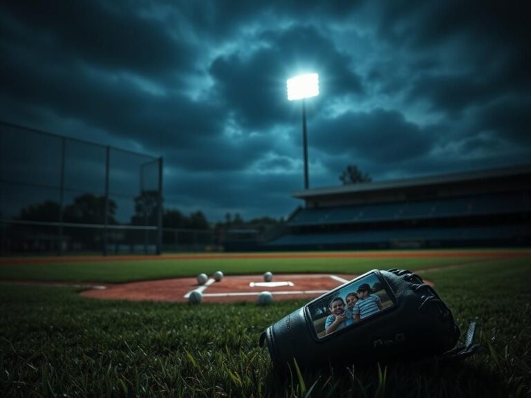 Flick International Ominous baseball field at night with spotlight on home plate and baseball glove
