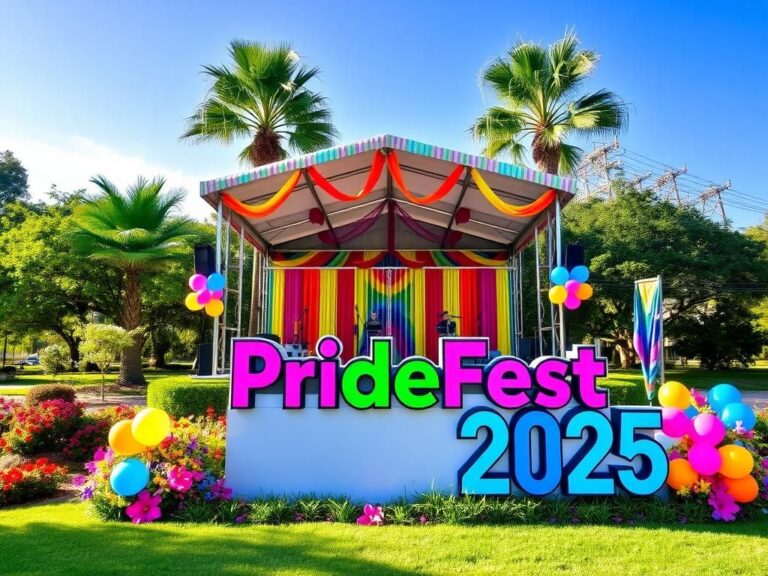 Flick International Vibrant outdoor scene at Cambier Park in Naples, Florida, showcasing a stage for a drag performance adorned with rainbow banners and decorations.