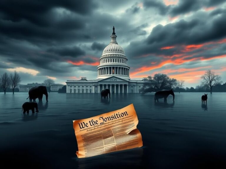 Flick International Stylized depiction of the U.S. Capitol building partially submerged in murky waters, symbolizing political turmoil.