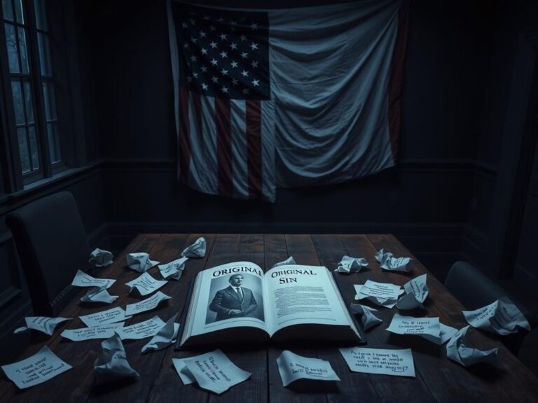 Flick International Dimly lit room with a weathered wooden table and an open book titled 'Original Sin', representing a political scandal.