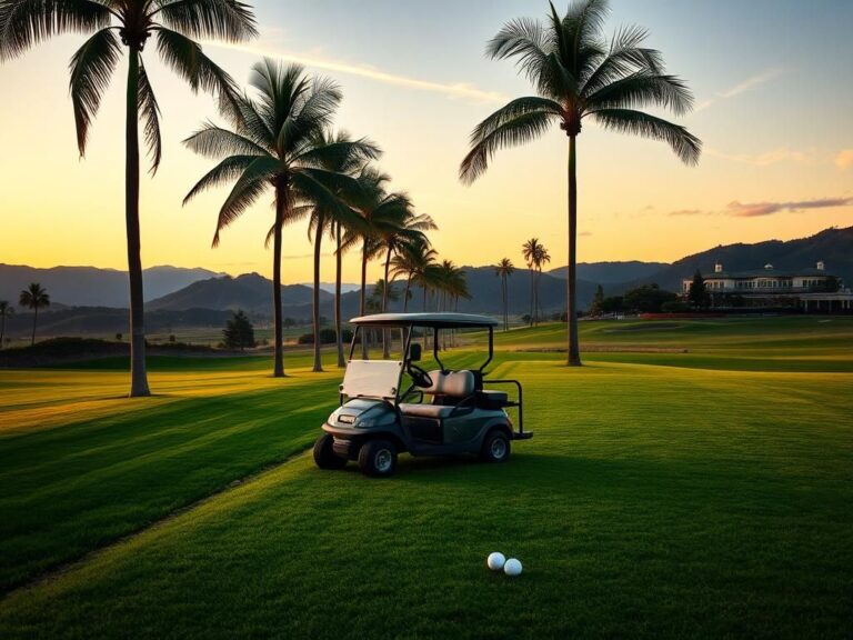 Flick International Abandoned golf cart on a serene golf course at dusk, signifying a recent accident