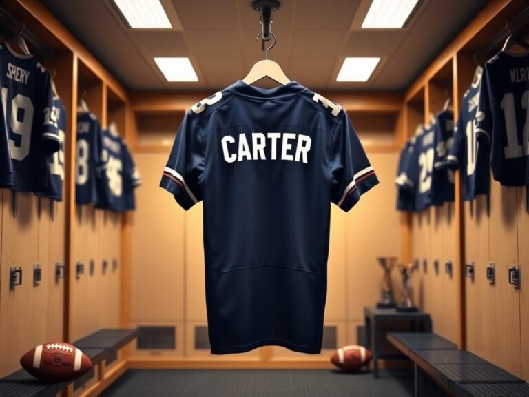 Flick International Empty locker room with a jersey displaying the name 'Carter' and no number