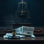 Flick International A solemn courtroom setting with an empty wooden bench and gavel in focus