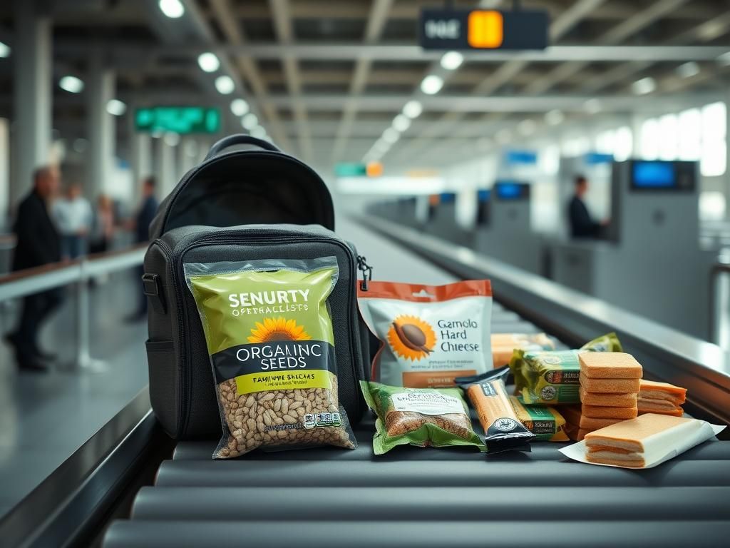 Flick International Open carry-on bag at airport security showcasing permitted snacks including organic sunflower seeds.