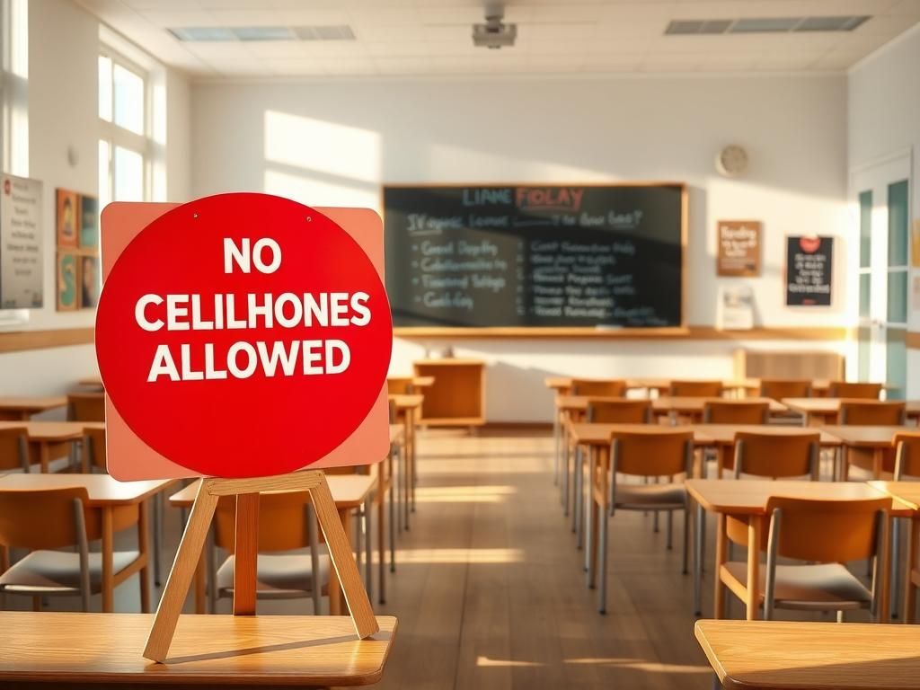 Flick International A focused classroom setting with wooden desks and a 'No Cellphones Allowed' sign