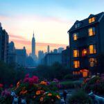Flick International Serene New York City landscape at dusk with glowing apartment windows and vibrant garden