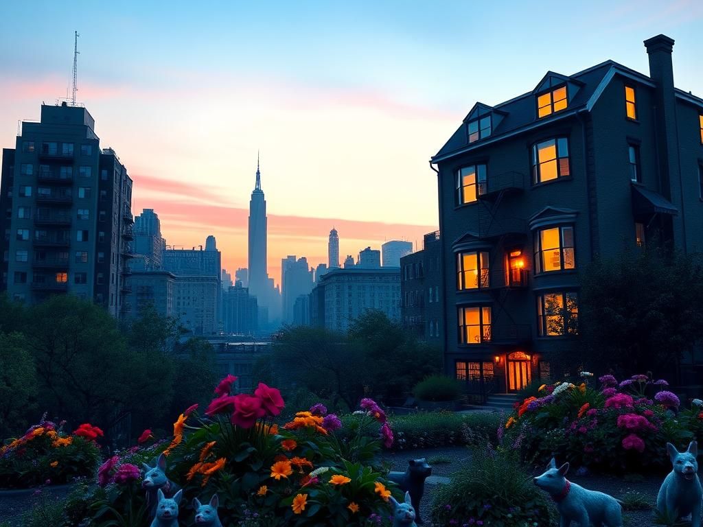 Flick International Serene New York City landscape at dusk with glowing apartment windows and vibrant garden