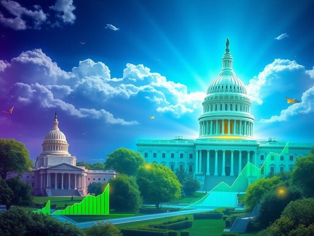 Flick International Giant DOGE coin gleaming in a futuristic digital landscape with government representations