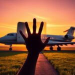 Flick International Private airplane door open against a vivid sunset sky with a playful hand silhouette