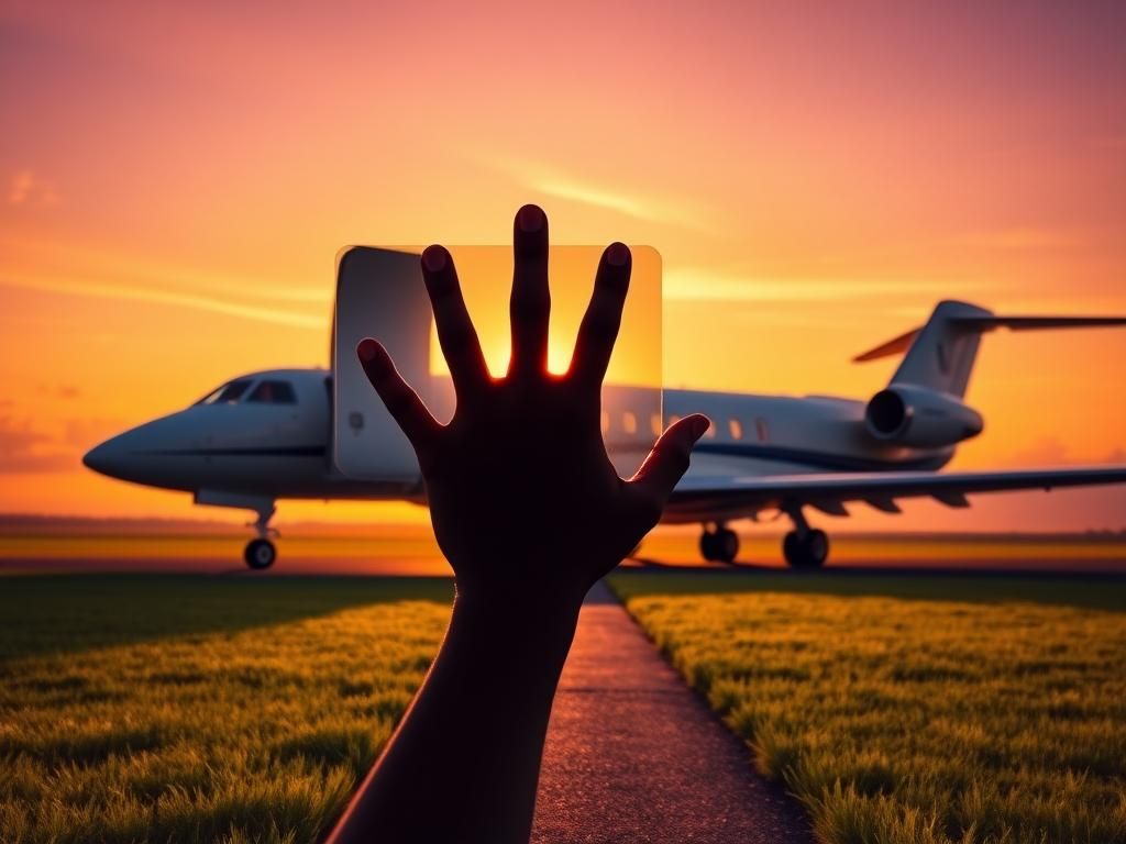 Flick International Private airplane door open against a vivid sunset sky with a playful hand silhouette