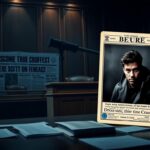 Flick International Dimly lit courtroom with legal documents and a shadowy crime scene tape representing true crime trials