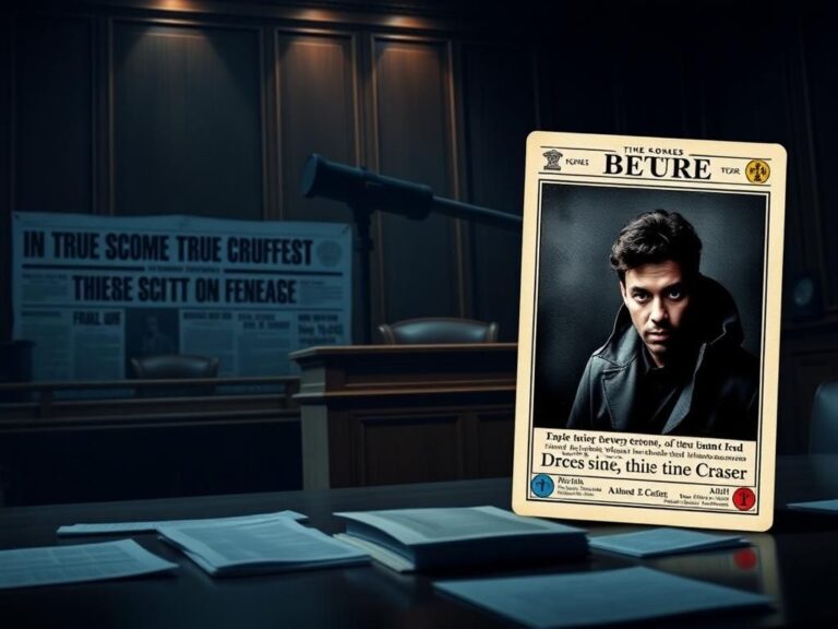 Flick International Dimly lit courtroom with legal documents and a shadowy crime scene tape representing true crime trials