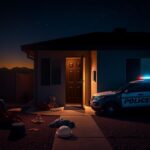 Flick International A dimly lit front porch of a residential home in Arizona, with a slightly ajar door suggesting a recent burglary