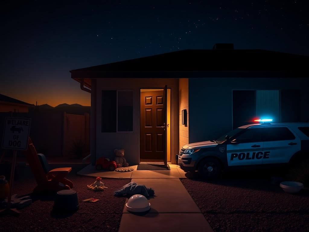 Flick International A dimly lit front porch of a residential home in Arizona, with a slightly ajar door suggesting a recent burglary