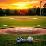 Flick International A vibrant sunset over a high school softball field, highlighting the pitcher's mound and score of 1-0.