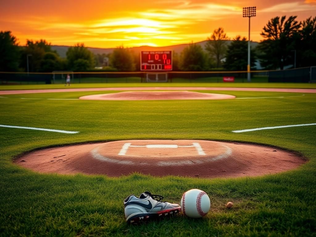 Flick International A vibrant sunset over a high school softball field, highlighting the pitcher's mound and score of 1-0.