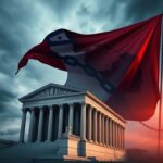 Flick International U.S. Supreme Court building with stormy sky and migrants' banner