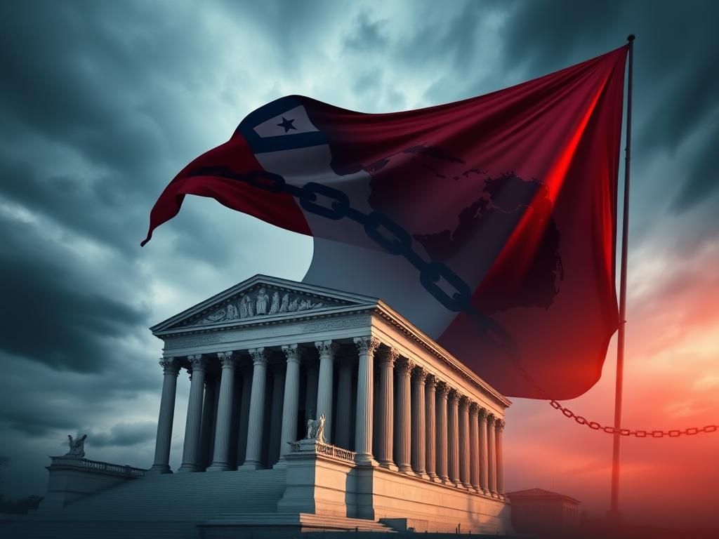 Flick International U.S. Supreme Court building with stormy sky and migrants' banner