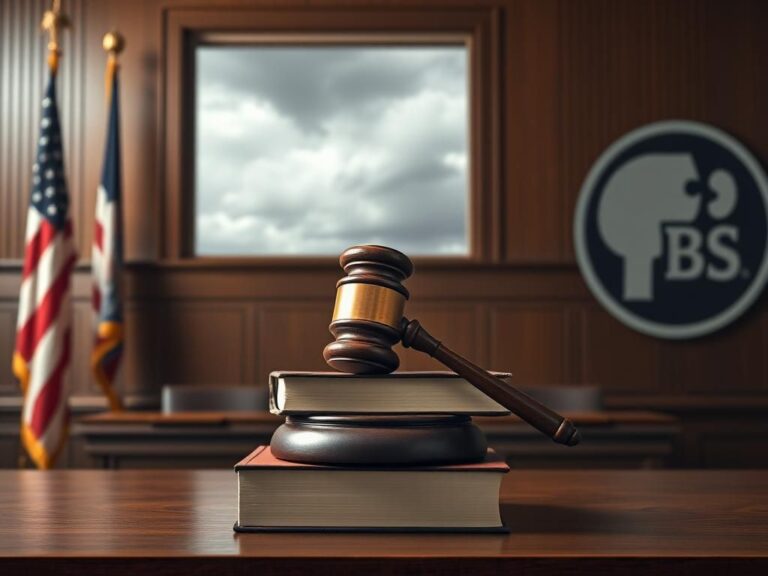 Flick International A wooden gavel resting on a stack of law books in an empty courtroom, symbolizing justice and legal battle.