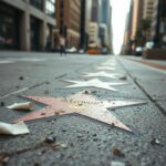 Flick International Close-up of a gritty urban sidewalk on the Hollywood Walk of Fame, featuring dirty star plaques and litter.