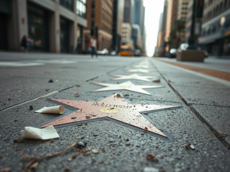 Flick International Close-up of a gritty urban sidewalk on the Hollywood Walk of Fame, featuring dirty star plaques and litter.