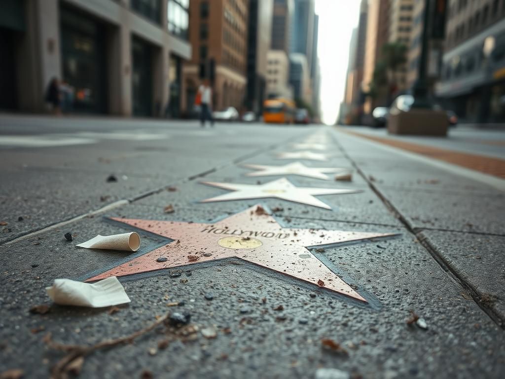 Flick International Close-up of a gritty urban sidewalk on the Hollywood Walk of Fame, featuring dirty star plaques and litter.