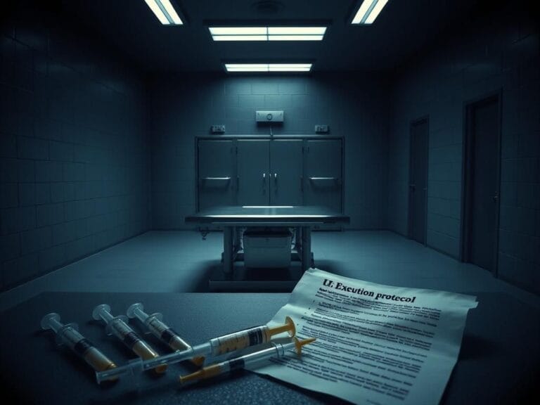 Flick International Dimly lit execution chamber showcasing a stainless-steel gurney used for lethal injection