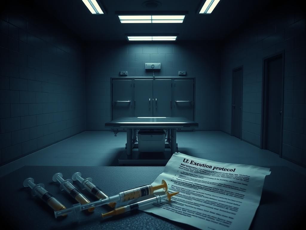 Flick International Dimly lit execution chamber showcasing a stainless-steel gurney used for lethal injection