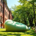 Flick International oversized plush bean bag next to college dormitory during moving-out day