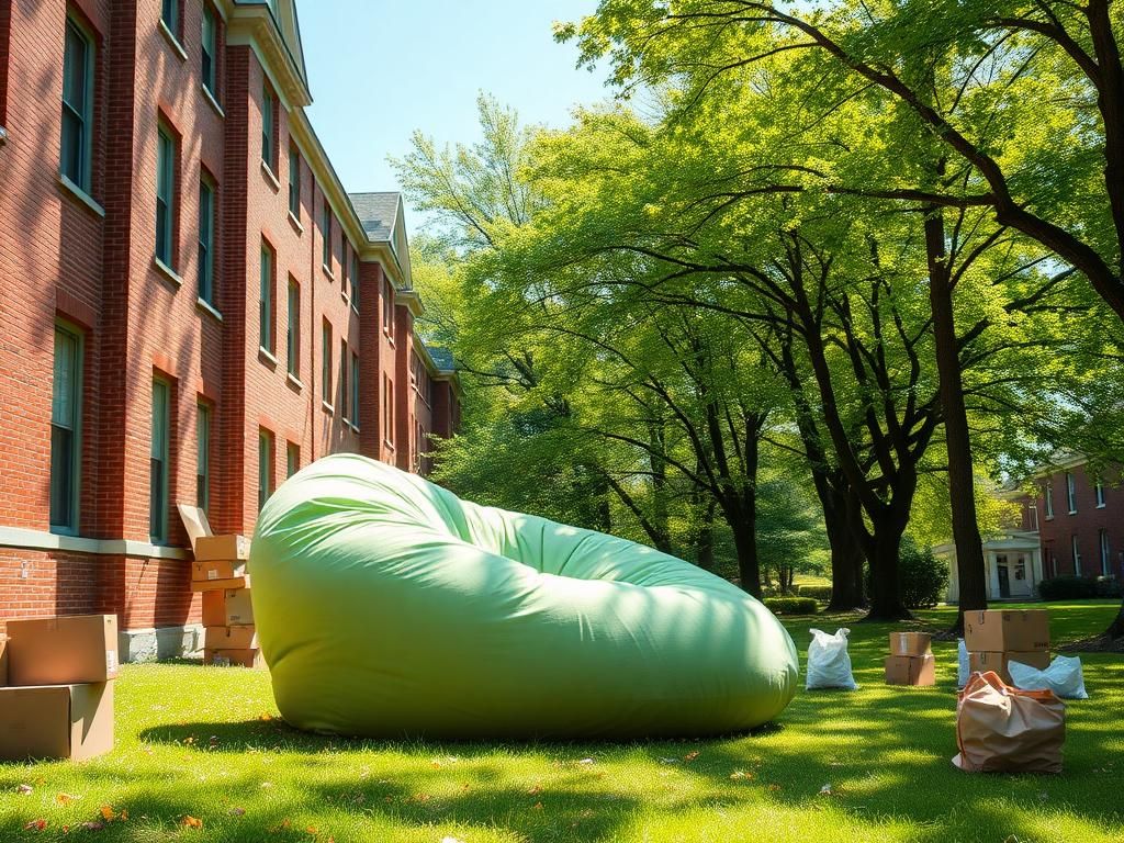 Flick International oversized plush bean bag next to college dormitory during moving-out day