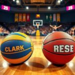 Flick International A dynamic basketball scene featuring two colorful basketballs representing Caitlin Clark and Angel Reese on a hardwood court.