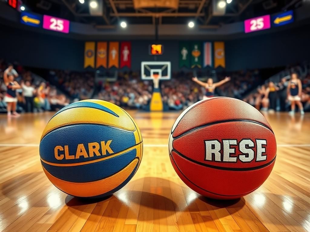 Flick International A dynamic basketball scene featuring two colorful basketballs representing Caitlin Clark and Angel Reese on a hardwood court.