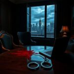 Flick International Luxurious townhouse interior in SoHo with bloodstained chair and shattered laptop